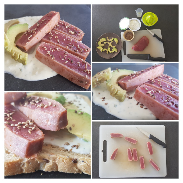 Thon albacore snacké et tranches d'avocat, sauce au fromage frais et citron