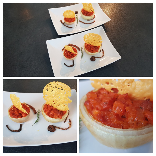 Coupelle d'oignon, brunoise de carotte mi-cuite